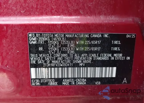 2025 Toyota Rav4 Le z USA, uszkodzony, nr VIN 2T3H1RFV2SW393411